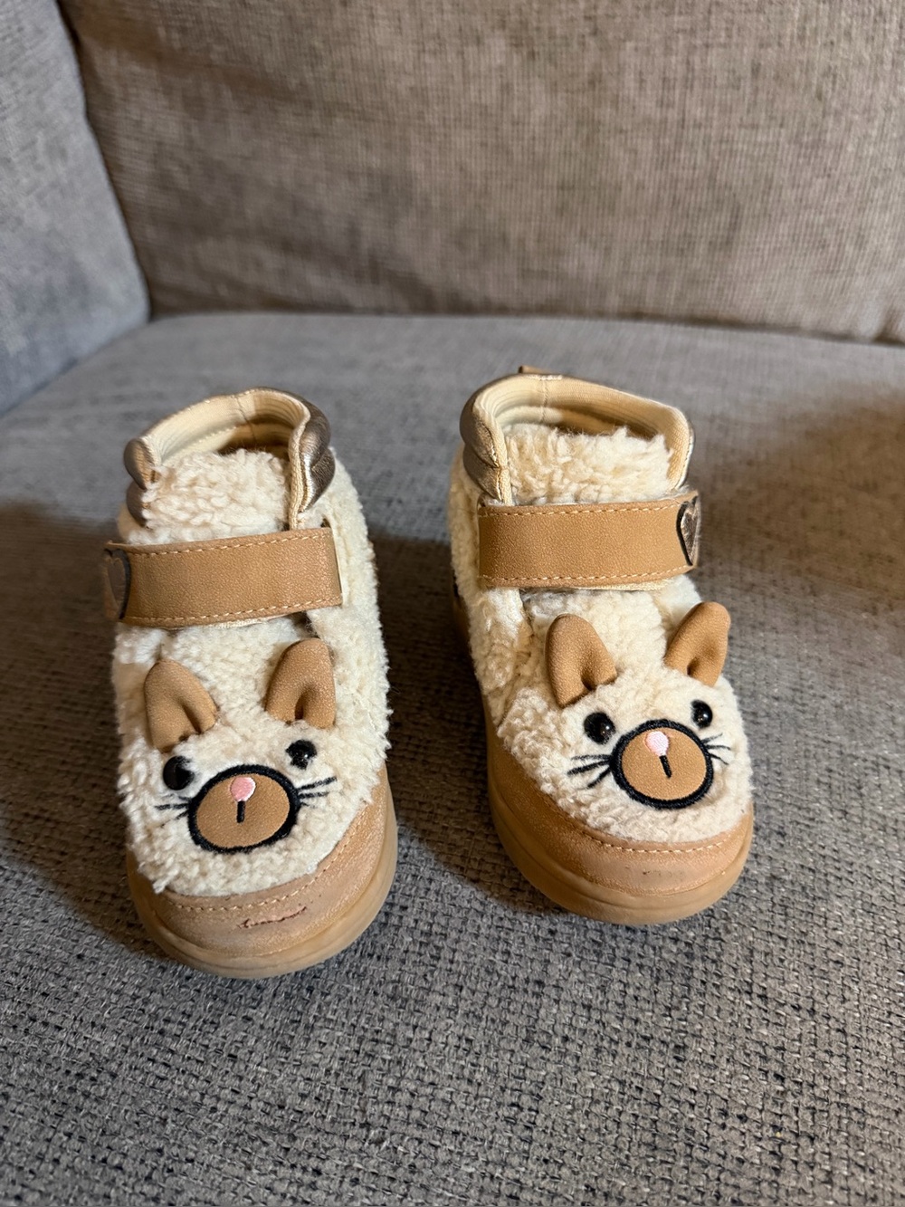 Kids' Cream and Tan Plush Animal Slip-On Shoes